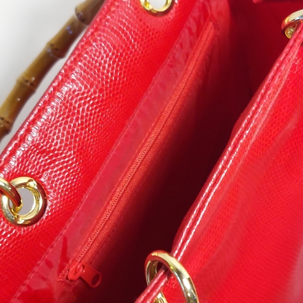 Giorgio Beverly Hills Hand Bag Red Faux Leather Bamboo Straps Minor Damage - Picture 11 of 16